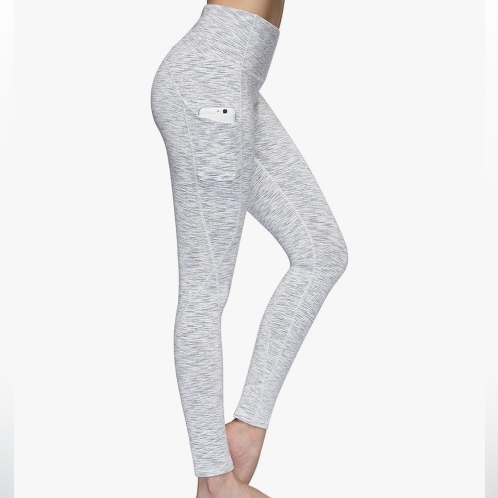 High Waist Gray and White Heathered Yoga Pants w/ Pockets Tummy Control
